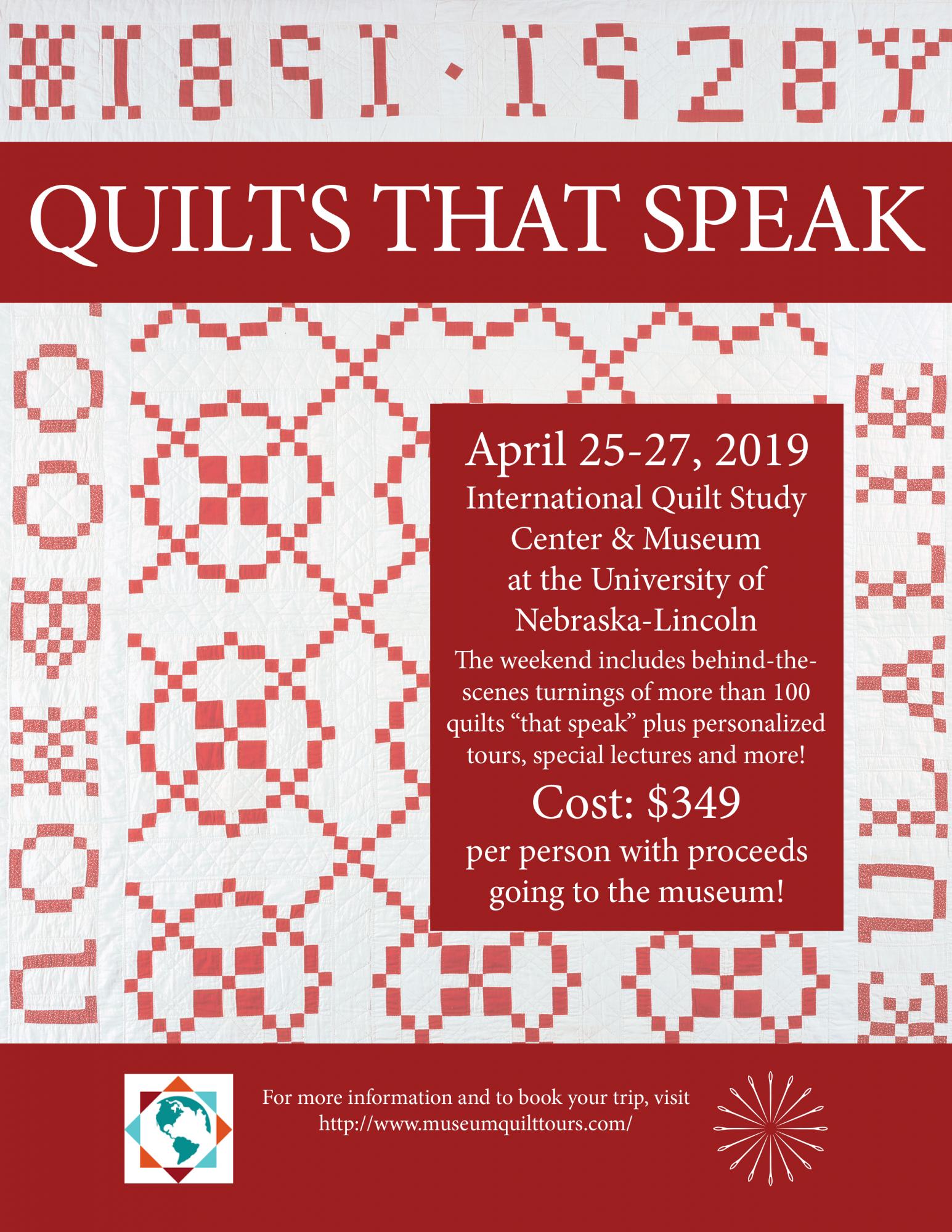 Quilts that Speak logo over red and white quilt.