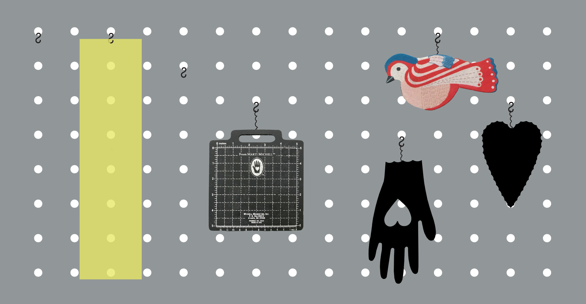Marti Michell and the Business of Quilts Illustration of quilt materials hanging on a cork board.